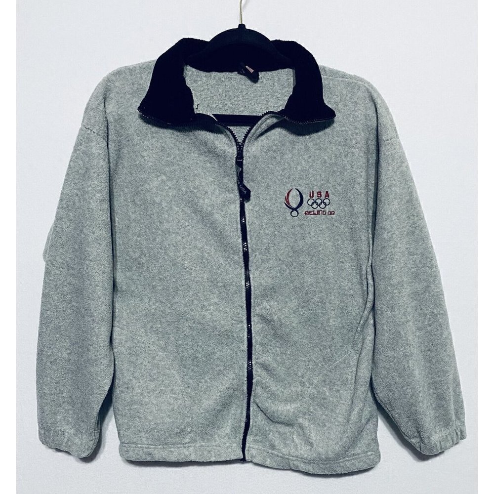 USA Beijing 2008 Olympics Embroidered Fleece Zip Up Jacket Gray Adult Medium